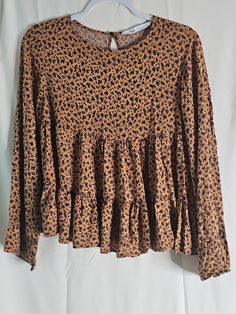 Zara Tan Floral Tiered Long-Sleeve Tunic